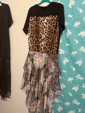Black Top with Leopard Bodice and Floral Ruffle Skirt